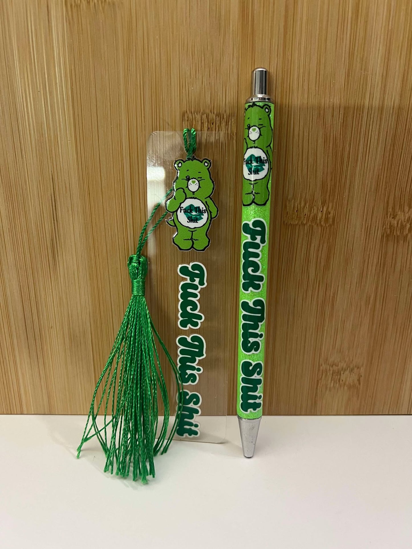 Green Swear Bear F*ck this Sh!t- Bookmark/pen set