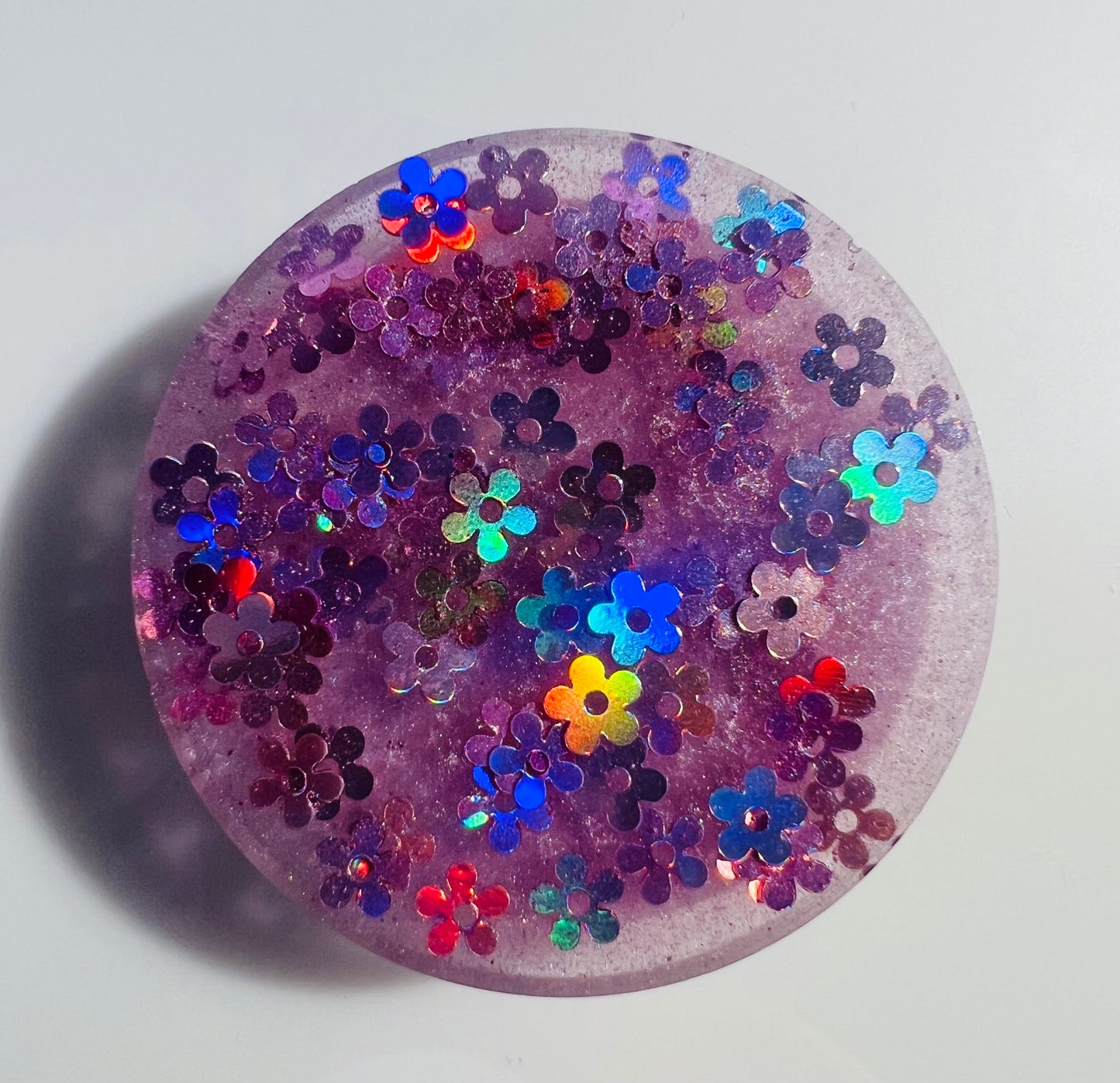 Phone Grip- Lilac Purple Resin w/ Metallic Flower Glitter