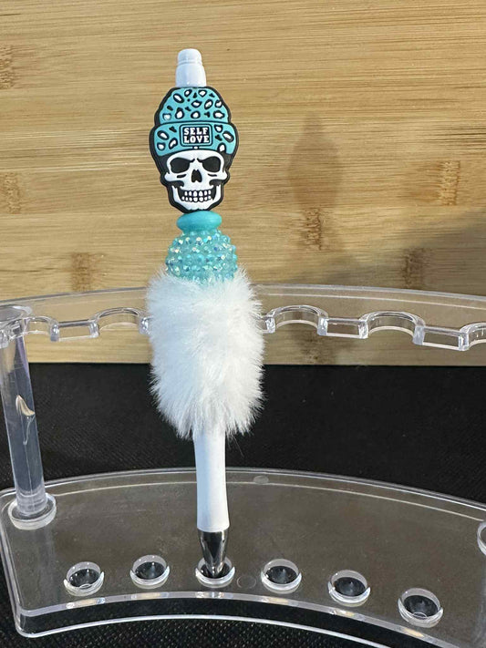 Teal Skull - Beaded Fluffy Pen