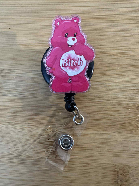 Acrylic Badge Reel - Pink bear