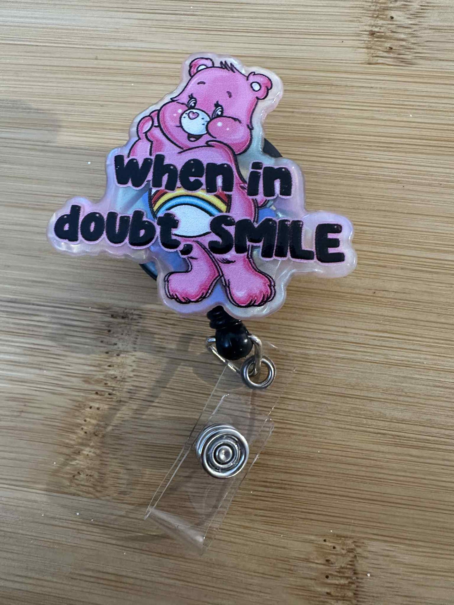 Acrylic Badge Reel - pink bear