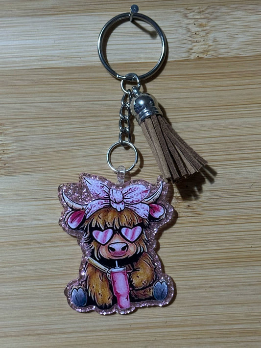 Pink cow with drink  - Keychain